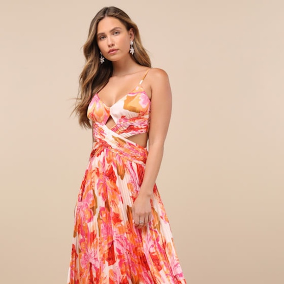 Lulus Lylee Pink Multi Floral Satin Pleated Maxi Dress - Size XL - Picture 1 of 2